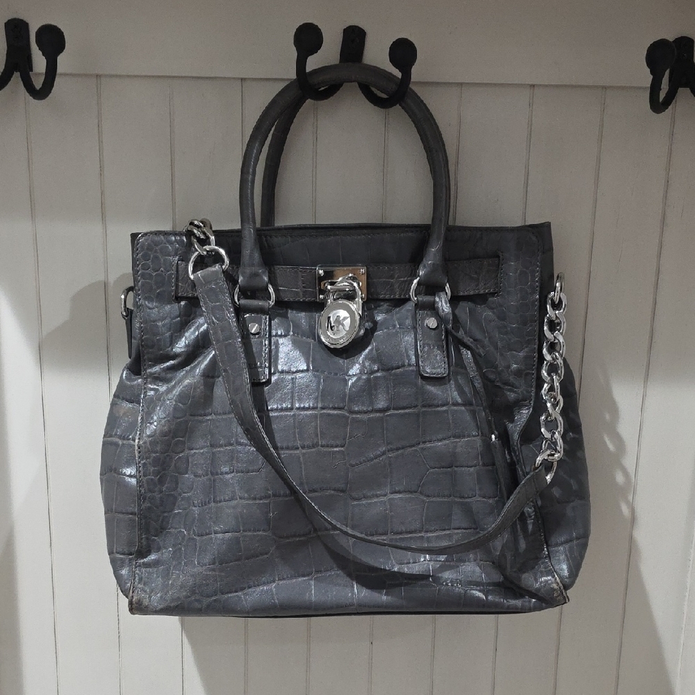 Michael Kors Dillon  Gray Crocodile-Embossed Large Shoulder Bag Satchel - Picture 3 of 14